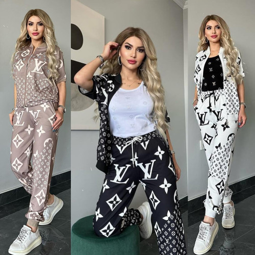 Summer Casual Printed Sports Zipper Cardigan Two-piece Set