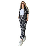 Summer Casual Printed Sports Zipper Cardigan Two-piece Set