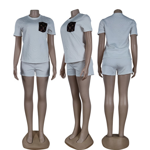 Casual Women's Embossed Short Sleeve Shorts Set