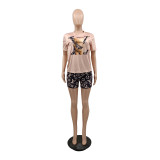 Casual O Neck Printed Letter Two Piece Short Set