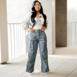 Solid Washed Patchwork Pocket High Waist Wide Leg Denim Jeans