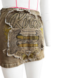 Patch Embroidered Zipper Denim Mini Skirt