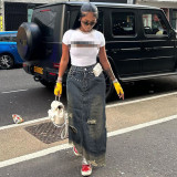 Distressed Denim Straight-leg Loose Denim Skirt with Pockets