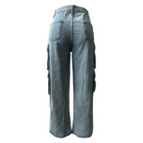 Solid Washed Patchwork Pocket High Waist Wide Leg Denim Jeans