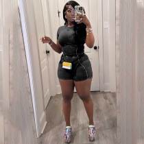 Solid Ribbed Washed Distressed Two-piece Shorts Set
