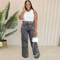 Casual Solid Patchwork Pocket High Waist Straight Denim Jeans Casual Solid Patchwork Pocket High Waist Straight Denim Jeans