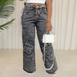 Casual Solid Patchwork Pocket High Waist Straight Denim Jeans