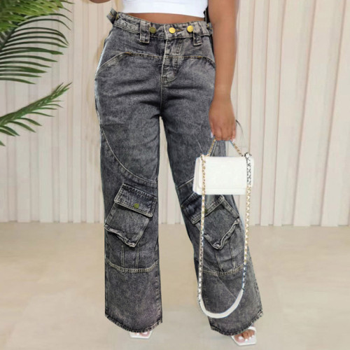 Casual Solid Patchwork Pocket High Waist Straight Denim Jeans