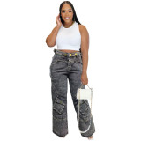 Casual Solid Patchwork Pocket High Waist Straight Denim Jeans