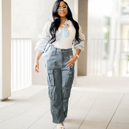 Solid Washed Patchwork Pocket High Waist Wide Leg Denim Jeans