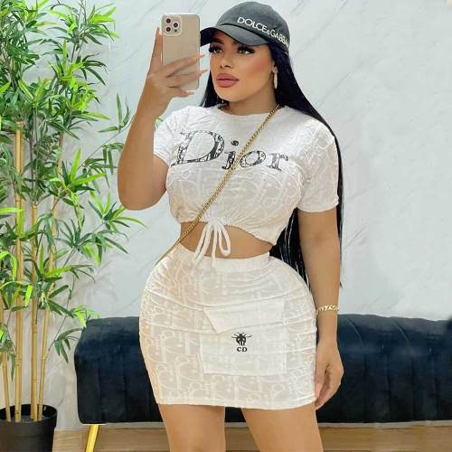 Fashion Women's Embossed Short Sleeve Skirt Set