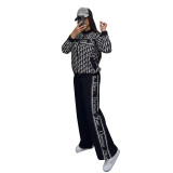 Fashion Printed Zipper Two Piece Pant Set