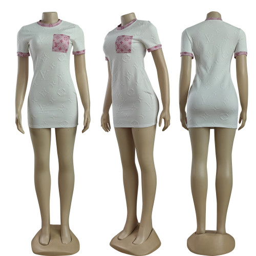 Summer White Embossed Short Sleeve Mini Dress