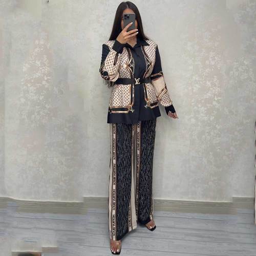 Fashion Printed Long Sleeve Spliced Two-piece Pant Set