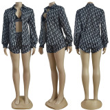 Fashion Printed Cardigan Shirt + Bikini + Shorts Three Piece set