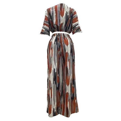 Summer V-neck Short Sleeve Irregular Stripes Print Wide-leg Pants Set