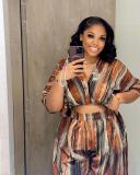 Summer V-neck Short Sleeve Irregular Stripes Print Wide-leg Pants Set