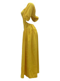 Summer Solid Lantern Sleeves Scoop Neck Short Sleeves Maxi Dress