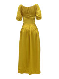 Summer Solid Lantern Sleeves Scoop Neck Short Sleeves Maxi Dress