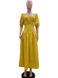 Summer Solid Lantern Sleeves Scoop Neck Short Sleeves Maxi Dress