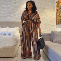 Summer V-neck Short Sleeve Irregular Stripes Print Wide-leg Pants Set