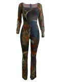 Women Sexy Square Collar Mesh Jumpsuit