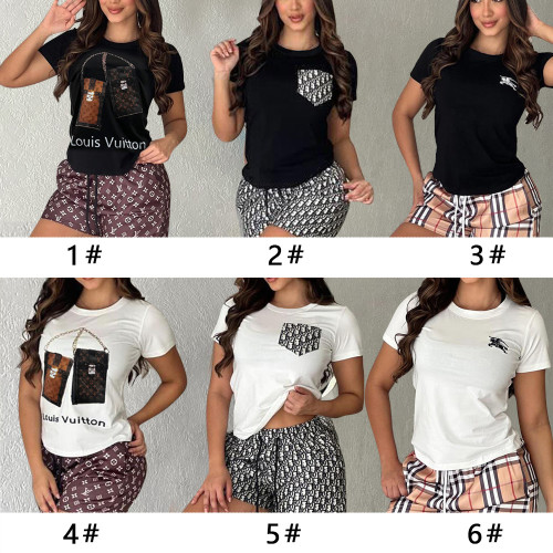 Casual Cotton Printed Short Sleeve Shorts Pocket Two Piece Set