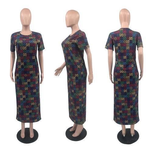 Casual High Elastic Cotton Printed Short Sleeve Maxi Dresses