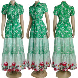 Summer Printed Turndown Neck Short Sleeve Long Dresses