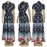 Summer Printed Turndown Neck Short Sleeve Long Dresses