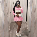 Contrast Color Splicing Long Sleeve Hooded Pleated Racer Skirt Set