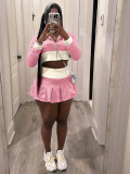 Contrast Color Splicing Long Sleeve Hooded Pleated Racer Skirt Set