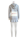 Contrast Color Splicing Long Sleeve Hooded Pleated Racer Skirt Set