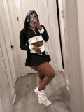 Contrast Color Splicing Long Sleeve Hooded Pleated Racer Skirt Set