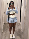 Contrast Color Splicing Long Sleeve Hooded Pleated Racer Skirt Set