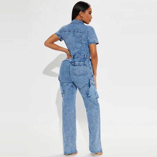 Casual Flared Pants Slim Elastic Washed Denim Jumpsuit