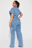 Casual Flared Pants Slim Elastic Washed Denim Jumpsuit