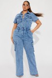 Casual Flared Pants Slim Elastic Washed Denim Jumpsuit