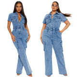 Casual Flared Pants Slim Elastic Washed Denim Jumpsuit