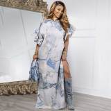Casual Print Patchwork Slit O Neck Long Dresses