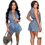 Solid Sleeveless Slim Stretch Washed Denim One Piece Rompers