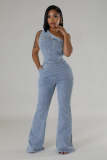 Sloping Shoulders Flared Pants Stretch Washed Denim Jumpsuits