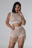 Knitted Hollow Tassel Sexy Sleeveless Shorts Set