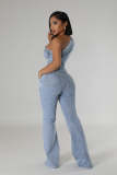 Sloping Shoulders Flared Pants Stretch Washed Denim Jumpsuits