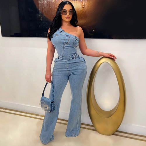 Sloping Shoulders Flared Pants Stretch Washed Denim Jumpsuits
