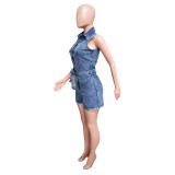 Solid Sleeveless Slim Stretch Washed Denim One Piece Rompers