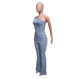 Sloping Shoulders Flared Pants Stretch Washed Denim Jumpsuits
