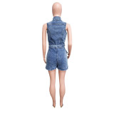 Solid Sleeveless Slim Stretch Washed Denim One Piece Rompers