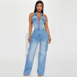 Tight Waist Slim Stretch Washed Denim Straight Leg Jumpsuit