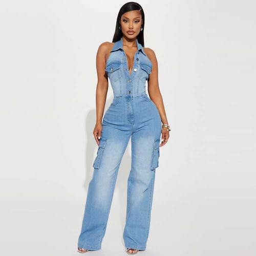 Tight Waist Slim Stretch Washed Denim Straight Leg Jumpsuit